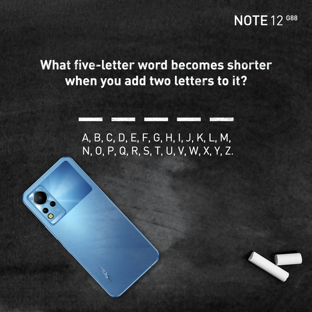 InfinixMobileTZ's tweet photo. What five-letter word becames shorter when you add two letters to it?
The First 5th right answers to win "Infinix BackPack" Black Bag.
1. Follow @InfinixMobileTZ
2. Comment the right Answer
3. Retweet this Tweet
NB; T&C apply
#InfinixMobileTZ #SolvetoWin #PigaUtoboe https://t.co/BfmhhHCwcq