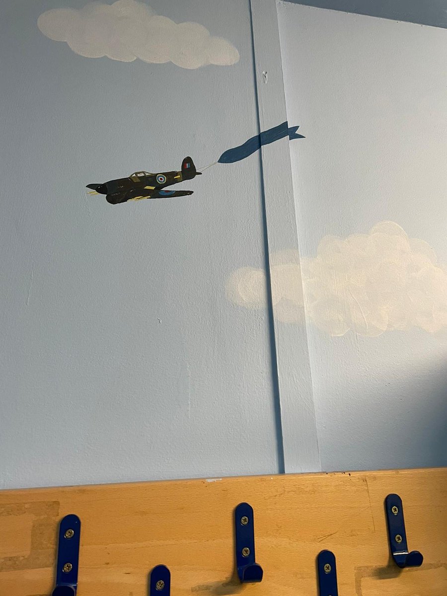 SywellSchool's tweet photo. Our Key Stage 2 corridor has had a refurb!☁️✈️We are delighted with the transformation which has made the corridor feel a lot brighter and also pays a lovely tribute to our new house groups: Spitfire, Lancaster, Typhoon and Wellington. https://t.co/0t3OgrR1bG