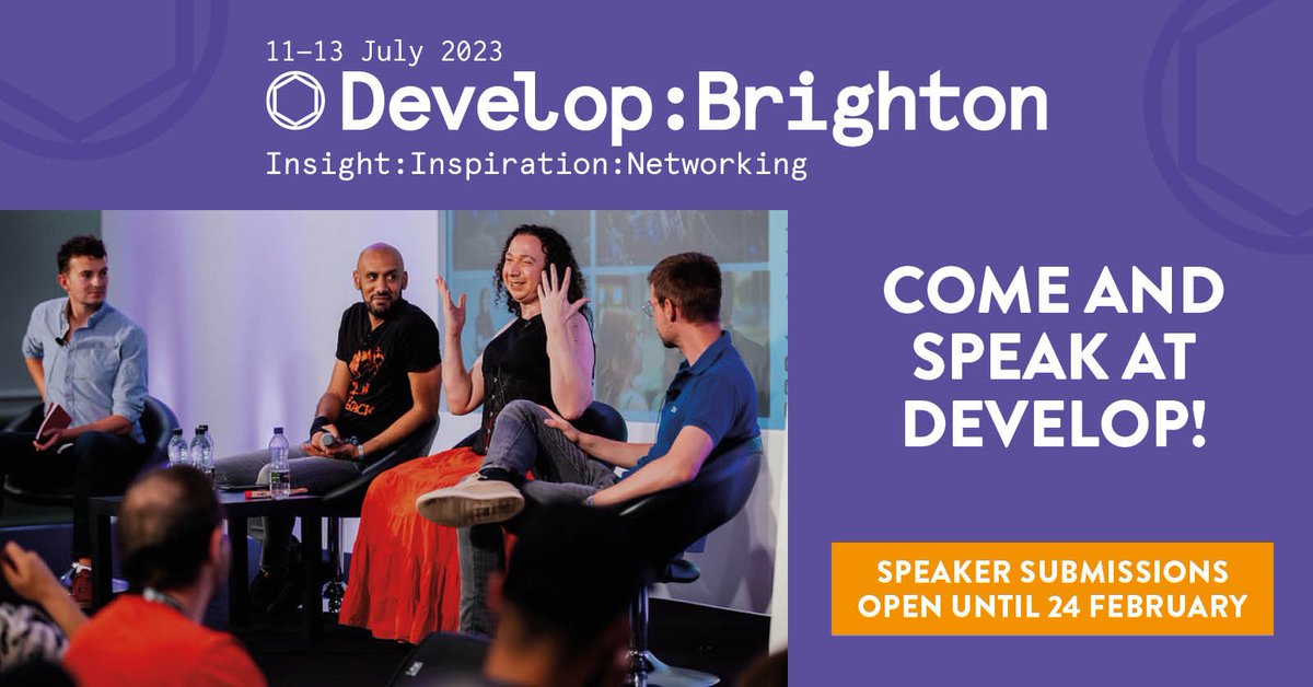 developconf's tweet photo. Speaker submissions are now open for Develop:Brighton 2023! For more details on how to submit and tips from past speakers, visit the new look Develop website! https://t.co/9ItMAkY5TS #DevelopConf https://t.co/8Tzy9u04V8