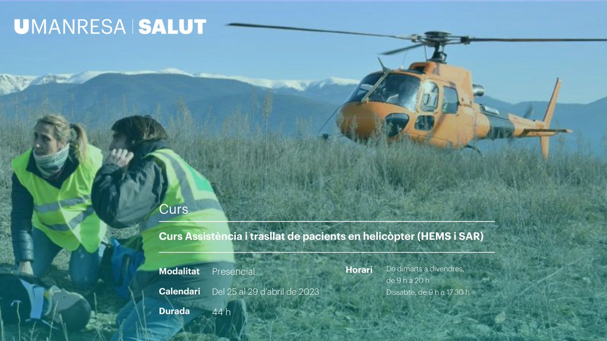 UManresa's tweet photo. 🚁Nova edició del curs d'assistència i trasllat de pacients en helicòpter (HEMS i SAR). Inclou pràctica amb vol

👤 Modalitat: presencial
⏳ Durada: 44 hores
🗓️ Inici: 25 d'abril de 2023

Mira el vídeo ⬇️

📹https://t.co/oZlNZCEgxP

https://t.co/LnCNbv3egi

@HeliPyr https://t.co/atnLrOJMNb