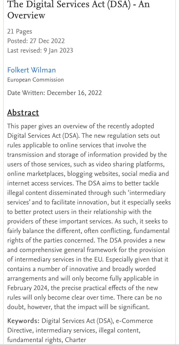 Great food for thought on #DSA various thematic areas: liability; due diligence requirements and redress; special rules for online marketplaces; risk and crisis management; and accountability, compliance, supervision and enforcement papers.ssrn.com/sol3/papers.cf…