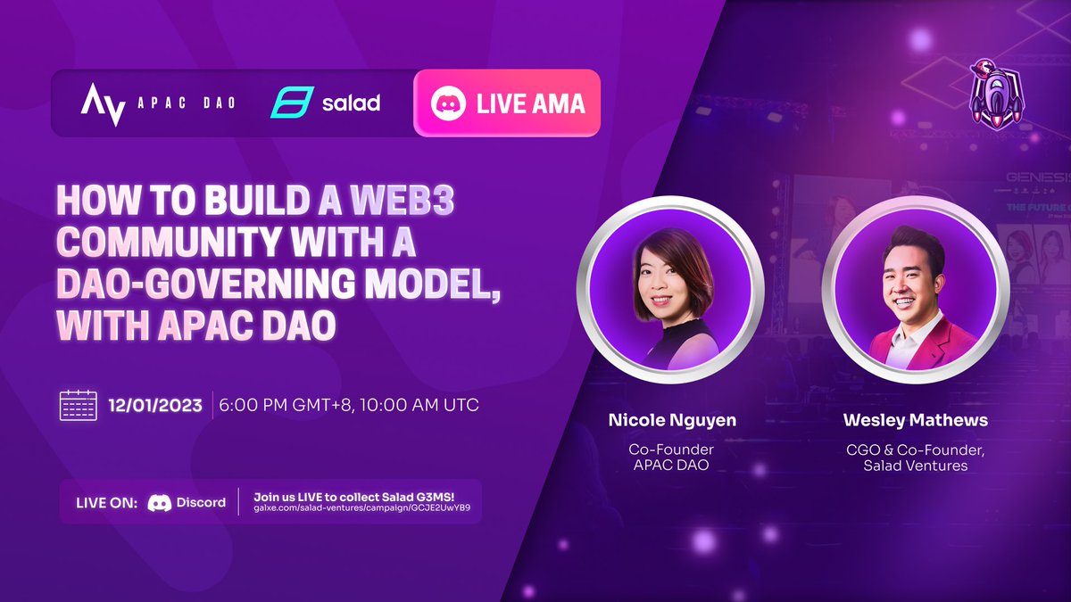 ✨Salad Ventures x <a href="/apacdao/">APAC DAO</a> AMA✨

Catch <a href="/WesleyKMathews/">🥗🇸🇬 Captain Aqua | $SALD</a> &amp; @NicoleNg_0909 LIVE where they talk about building  #Web3 communities 🤩

📅 12th Jan 2023
🕧6PM GMT+8 / 10AM UTC
👾discord.gg/saladventures