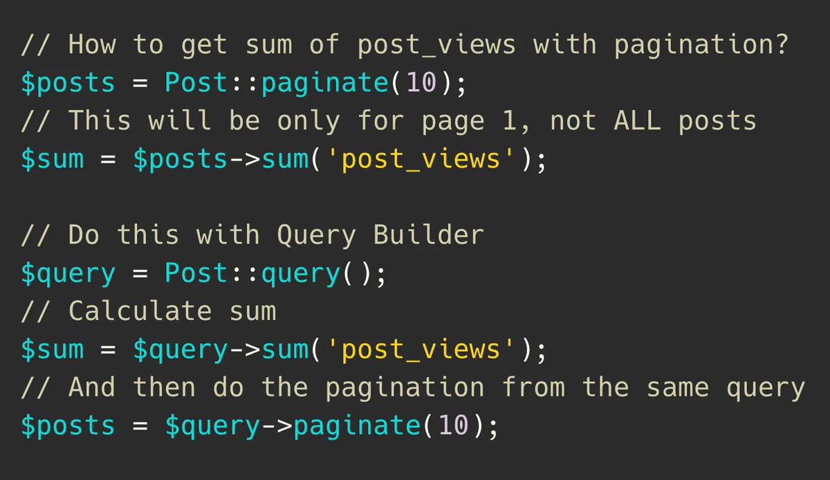 PovilasKorop's tweet image. Laravel tip. How to calculate the sum of all records when you have only the PAGINATED collection? Do the calculation BEFORE the pagination, but from the same query.