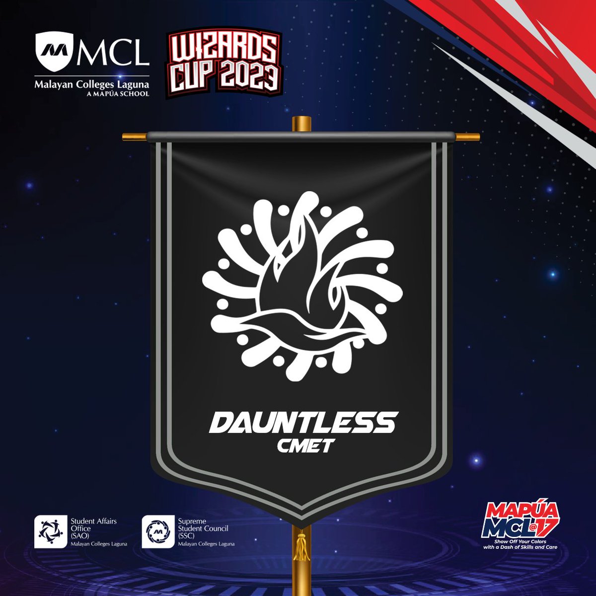 MapuaMCL_SSC's tweet photo. You are now entering the world of Divergent ⚜

Introducing the factions…

CMET represents the virtue of Dauntless 🔥

Dauntless: The Brave ⚓

“Fearless, Undaunted, and Brave”

#MapúaMCLAt17 #ShowOffYourColors #WizardsCup2023 https://t.co/iYTc1Bdhv8