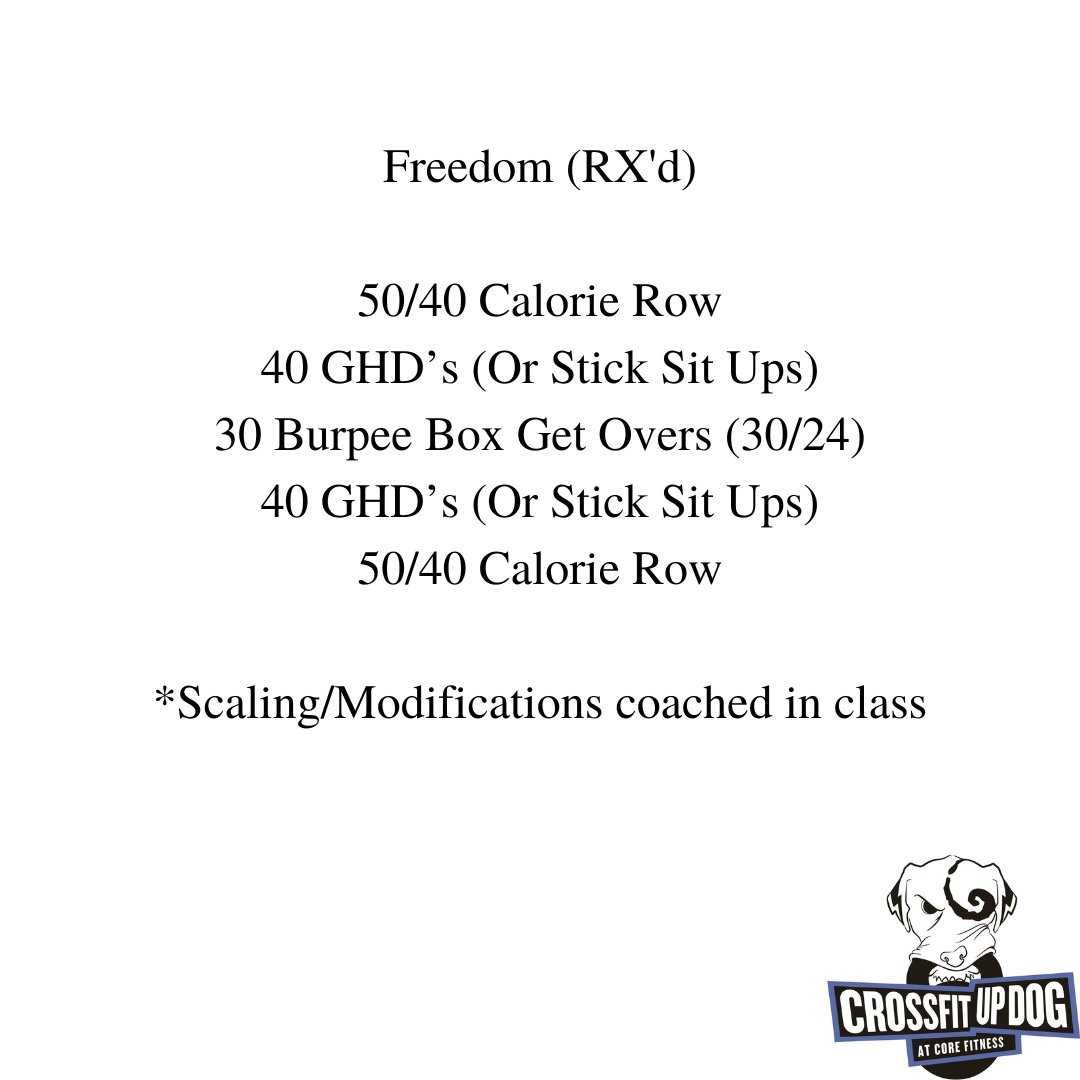 CrossFitUpDog's tweet photo. Wed, 01.11.23

Freedom (RX'd)

50/40 Calorie Row
40 GHD’s (Or Stick Sit Ups)
30 Burpee Box Get Overs (30/24)
40 GHD’s (Or Stick Sit Ups)
50/40 Calorie Row

*Scaling/Modifications coached in class

#crossfitupdog
#myrtlebeachcrossfit
#myrtlebeach
#crossfit
#communityworkouts https://t.co/R6L5XiQsID