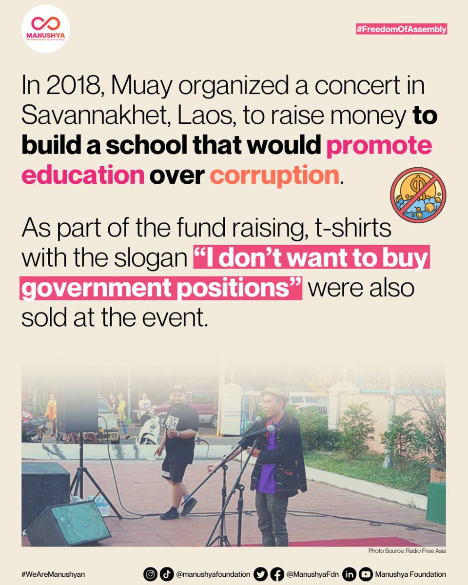 ManushyaFdn's tweet photo. #FreeMuay ⚖️ #FreedomOfAssembly is still largely restricted in Laos 🚨Learn more about how in 2018, Lao authorities had #WHRD Muay’s charity concert shut down with impunity, outrageously violating her freedom of assembly and association⬇️ https://t.co/mi6YYeof1N