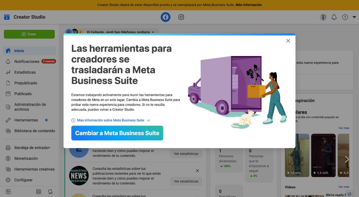 👋 Adiós a #CreatorStudio 

Todas las funciones pasarán a Meta Business Suite 👇