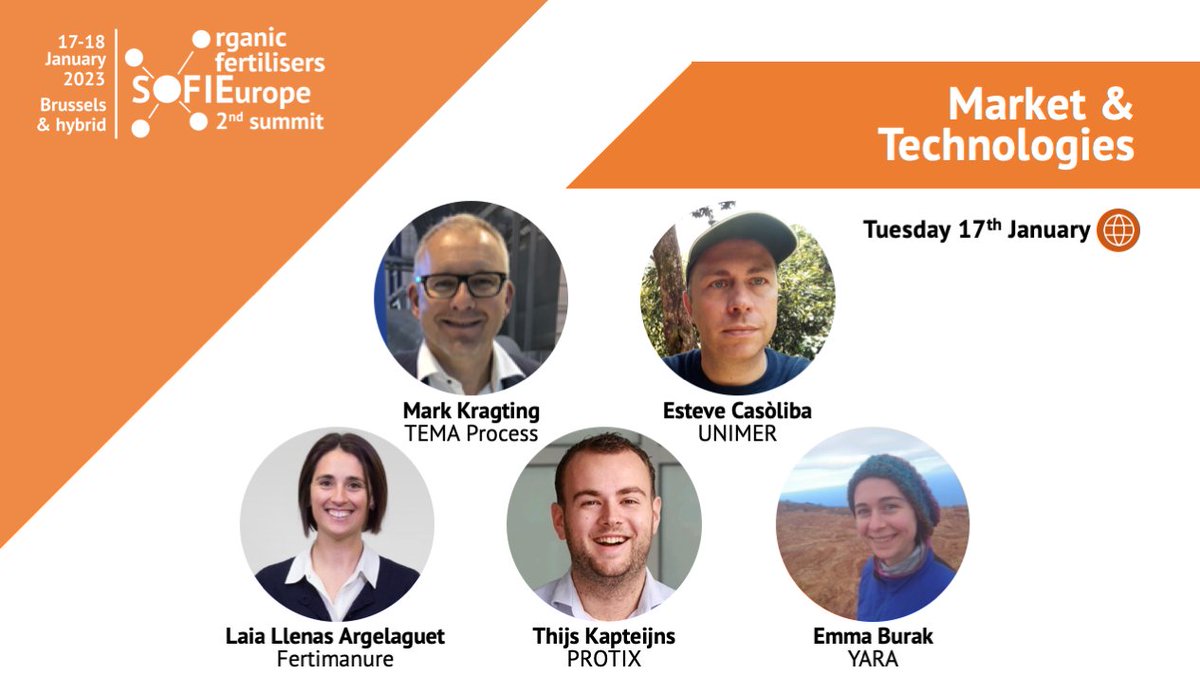 #SOFIE2 is about to display some of the major experts in the organo-mineral fertiliser sector.
M. Kragting, E. Casoliba, @Laia_Llenas, T.
Kapteijns, E. Burak will be Speakers of the 'Market & Technologies' Session. Check out this page to participate 👉 lnkd.in/dQbrVNHR