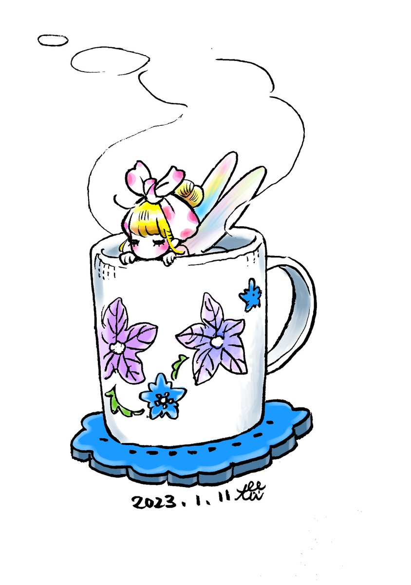 1girl cup flower solo blonde hair in cup steam  illustration images