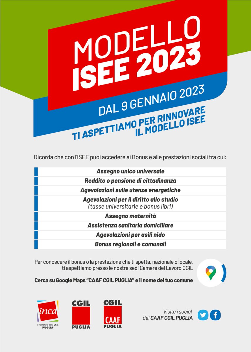 CgilCaafPuglia's tweet photo. 🔴 I nostri centri #CAAFCGILPuglia ti aspettano per assisterti nella compilazione del modello ISEE, con il quale potrai accedere ai Bonus e alle prestazioni sociali. Passa a trovarci per maggiori info. https://t.co/hs7JsKfx3O