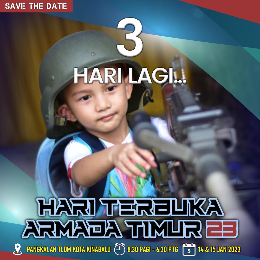 tldm_rasmi's tweet photo. 3 HARI LAGI!

Jangan lupa beramai-ramai ke Hari Terbuka Armada Timur 2023 di Pangkalan TLDM Kota Kinabalu.

MASUK PERCUMA!

#NavyUpdate
#HTAT23 https://t.co/maaLUIwnF0
