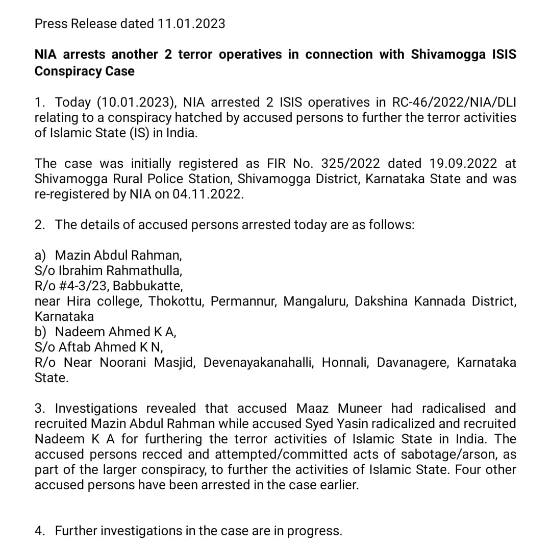 NIA_India's tweet photo. NIA arrests another 2 terror operatives in connection with Shivamogga ISIS Conspiracy Case https://t.co/NhrgTN4MVp