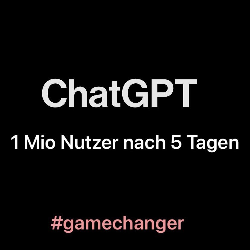 Chrizz_tweeted's tweet photo. #ChatGPT ist ein außergewöhnliches Beispiel für die rasche Verbreitung bahnbrechender Technologie. Netflix, Airbnb, Facebook (Meta) und Spotify benötigten für 1 Mio Nutzer zwischen 2,5 und 3,5 Jahren. ChatGPT nur 5 Tage. #gamechanger @OpenAIChat @OpenAI @OpenAlChat https://t.co/IQ82ERkEcz