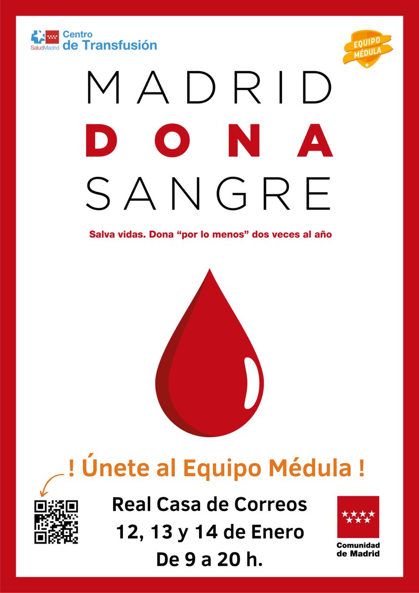 EquipoMedula's tweet photo. Estamos de macromaratón de donación de sangre en la @ComunidadMadrid.

🩸 #DonaSangre y te proponemos dar un paso más:

¡Únete al #EquipoMédula!
🗓 12, 13, 14 de enero
📍 Real Casa de Correos 
⏰️ 9 a 20 h
ℹ️ https://t.co/ejDz8QubyQ https://t.co/WHuiMYIycG