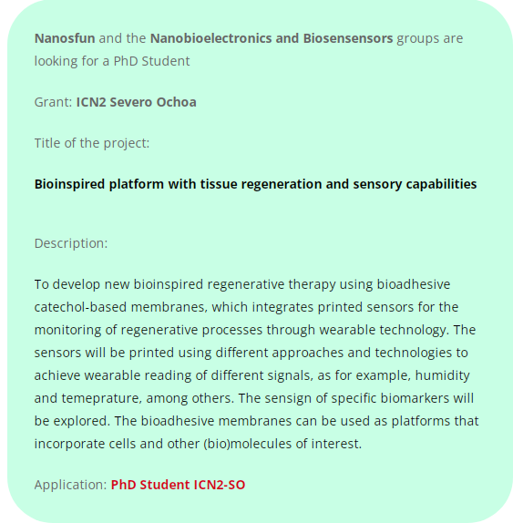 #OpenPosition | 📢 WE ARE HIRING #PhDstudent 
⚕️ Interested in #TissueRegeneration and #Biosensors? 
Project: Bioinspired platform with tissue regeneration and sensory capabilities.
Join @Nanosfun_ICN2 and @merkoci_group!
📩 Applications: jobs.icn2.cat/job-openings/4…
@icn2nano