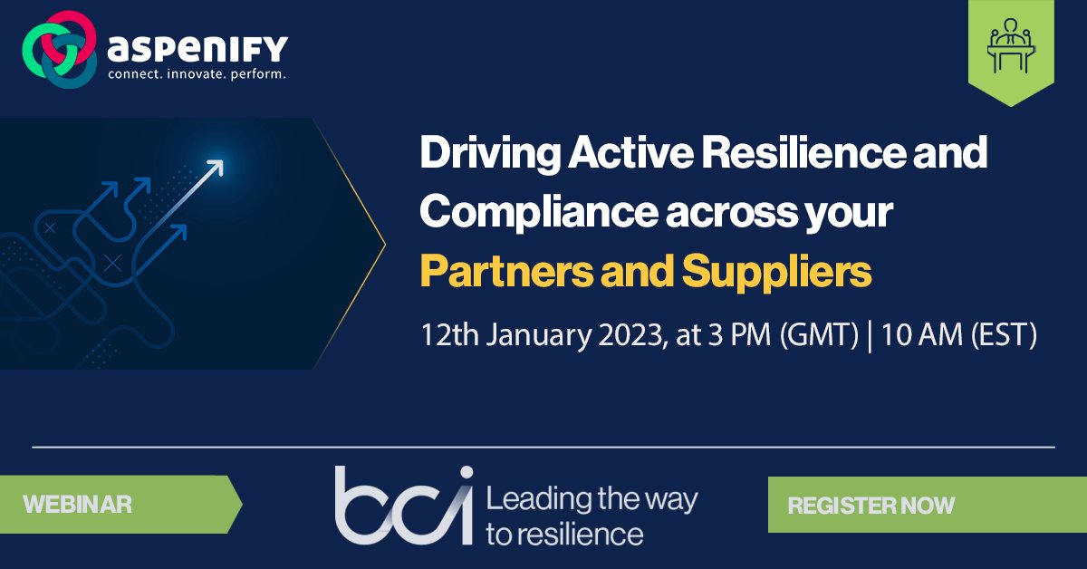 TheBCEye's tweet photo. Join this exclusive #webinar by our Silver Sponsor @AspenifyInc and learn how to extend traditional #businesscontinuity and #compliance requirements across your partners &amp; suppliers. 12th Jan. at 3PM (GMT) | 10AM (EST). Register here: https://t.co/fV099seJyN https://t.co/0sGdWJHeqE