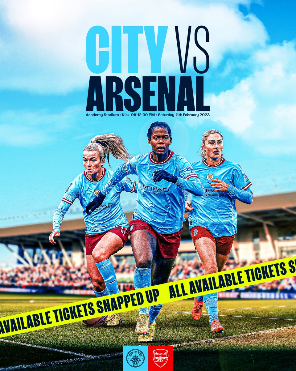 ManCity's tweet photo. 🏟 𝗦𝗢𝗟𝗗 𝗢𝗨𝗧 🏟

All available tickets for our @BarclaysWSL clash with Arsenal at the Academy Stadium have been snapped up! 🙌 https://t.co/P181Wkzl22