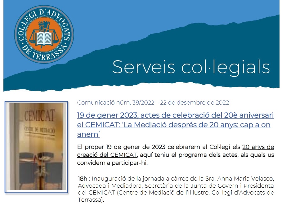ICATERadvocats's tweet photo. 🎉Estem de celebració! El proper dijous 19 de gener de 2023 a les 18 h celebrarem a l'@ICATERadvocats els 2⃣0⃣ anys de creació del #CEMICAT. A la Comunicació ICATER 38/2022 teniu el programa dels actes,als quals us convidem a participar. Inscriu-t'hi ara!✍️https://t.co/m63GZdQYq5 https://t.co/or35QCQYw3