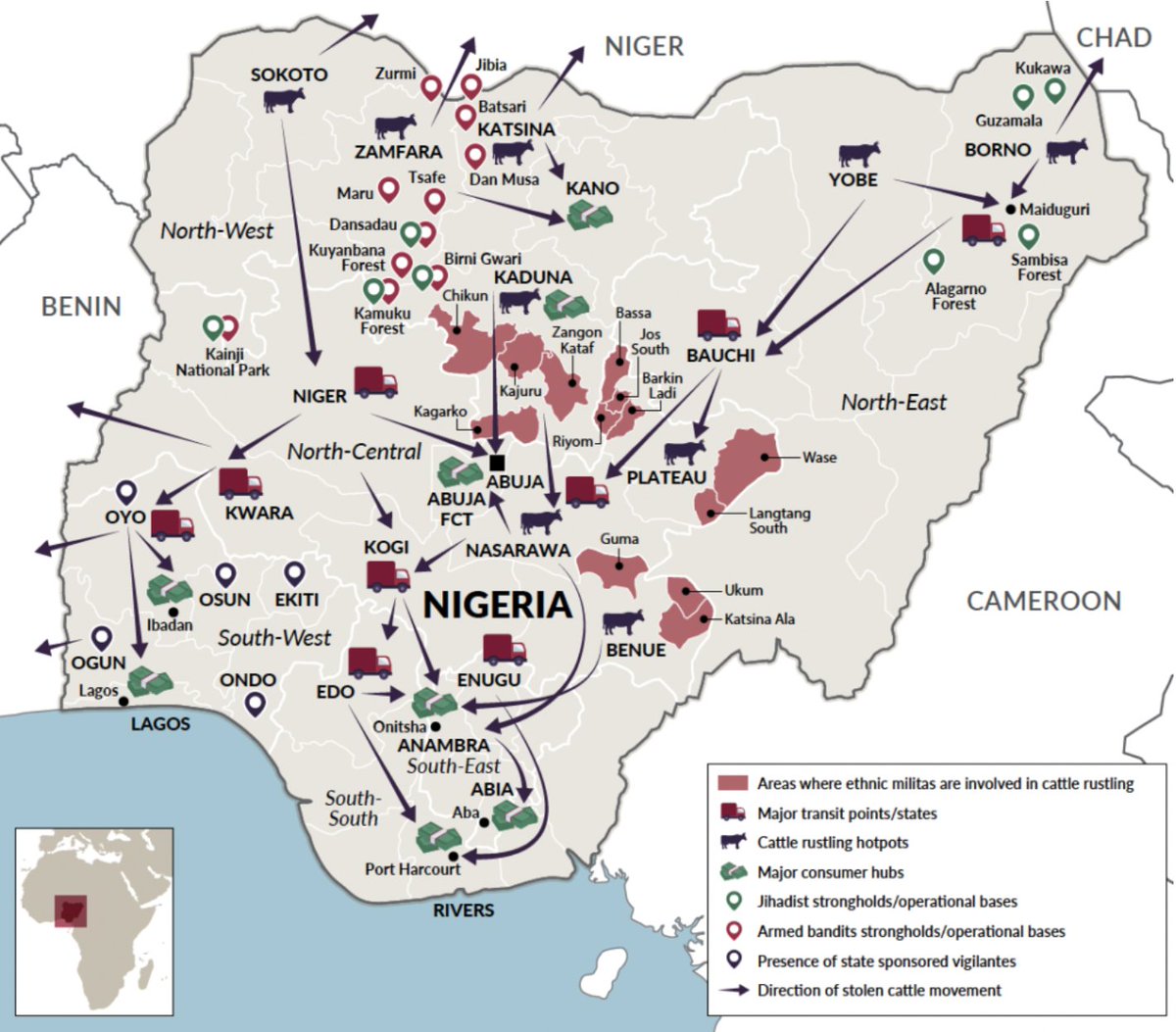 LyesTagziria's tweet photo. 🇳🇬 Brilliant new @GI_TOC report on cattle rustling in Nigeria.

'[It] deserves attention because it is among the illicit economies most clearly driving instability in 🇳🇬, more so than others traditionally focused on as sources of instability, such as armed robbery &amp; drug traff.' https://t.co/N8Rh4zHwji