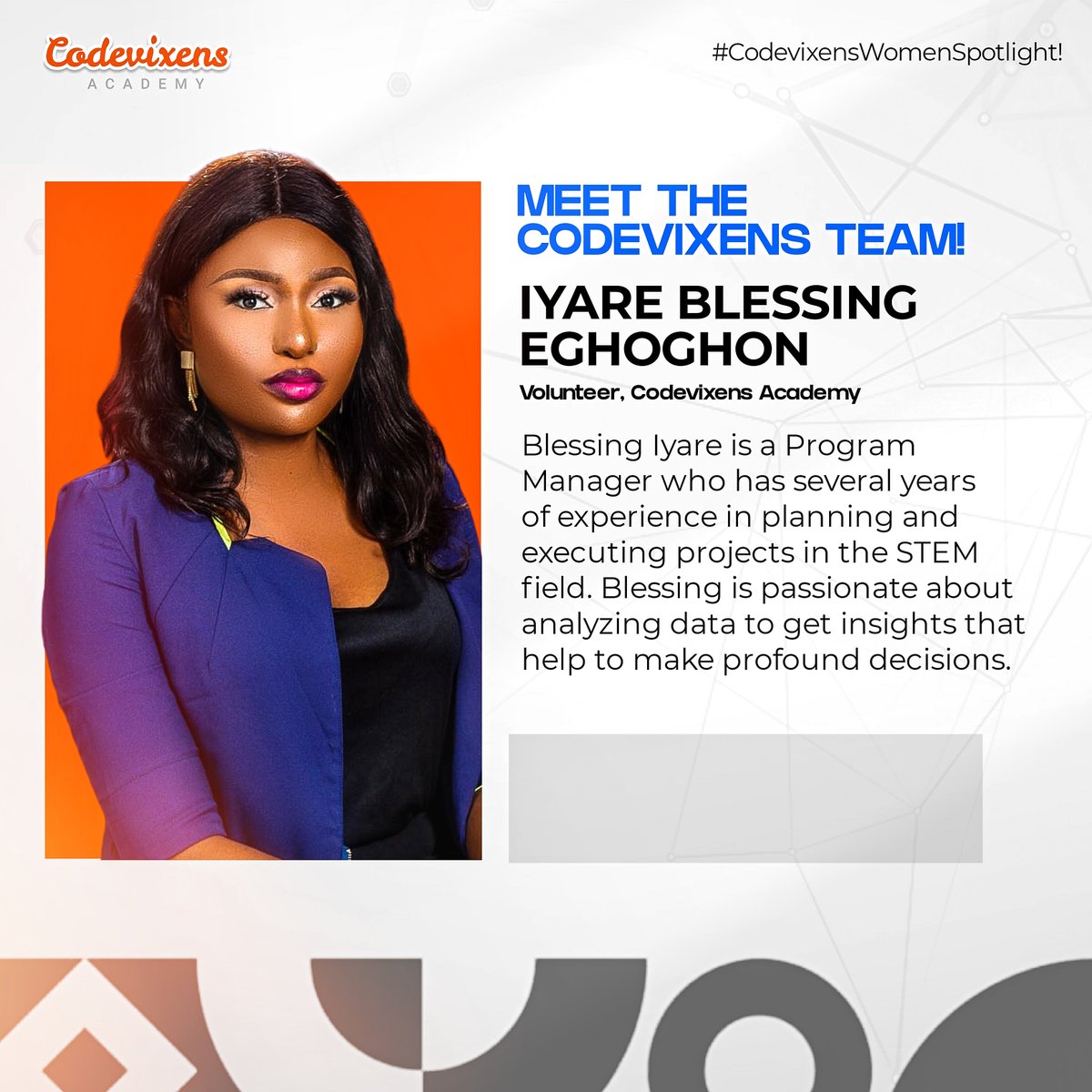 Codevixens's tweet photo. Todayโs #womanintech is Iyare Blessing @blesswag22. Blessing is passionate about all things digital. She keeps up with trends and in the industry and has an eye for fresh ideas.
We are excited to have her on the team!โจ
#womenintechbootcamp
#1000womenintech
#CodevixensAcademy https://t.co/CzkZmGjh0s