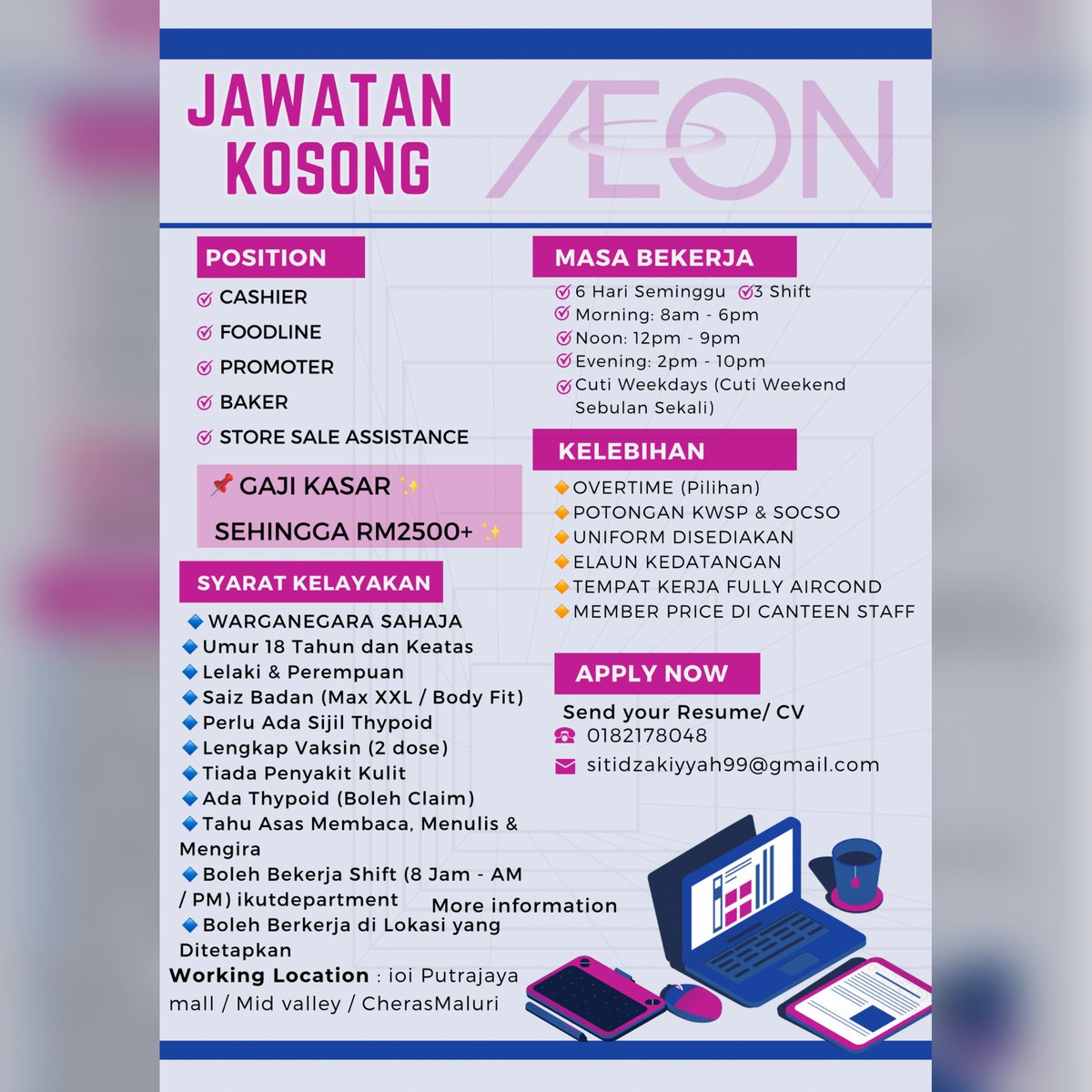 dzakiyyah99's tweet photo. JAWATAN KOSONG ‼️‼️‼️

▫️Contract 6 Bulan (THR)
▫️Training Disediakan
 
📌POSITION
▫️Available positions for Mall
(Cashier , Foodline , Promoter , Baker, Store Sales Assistance)

📌 GAJI KASAR ✨  SEHINGGA RM2500+ ✨ https://t.co/XYwgbSnGl5