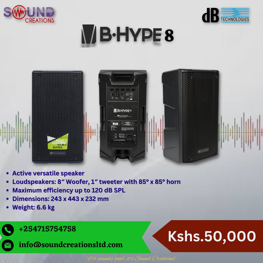 dB technologies B Hype 8 aims to provide a professional yet efficient sonic performance to all kind of users!! Get this versatile active speaker for only Kshs.50,000
To order, Call/WhatsApp +254715754758 or email: info@soundcreationsltd.com
 #SoundCreations #dBTechnologies
