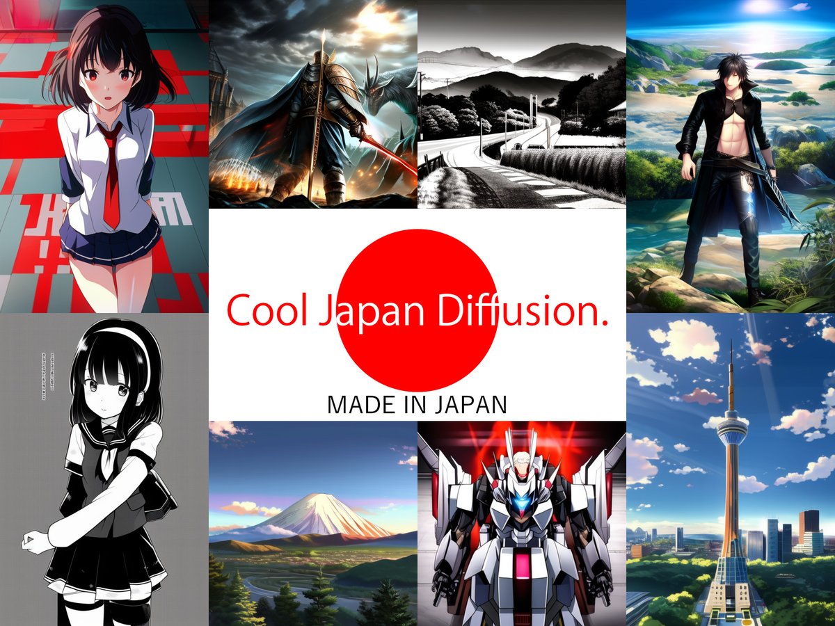 alfredplpl's tweet photo. Cool Japan Diffusion 2.1.1 Betaを公開しました。主な更新は以下のとおりです。
- 768x576の横長と576x768の縦長に対応した
- デモにおけるプロンプト補正
- 説明書の更新（キャラクターと背景）

デモ: https://t.co/DRbAMPbp2v
説明書: https://t.co/GsLn2zNjIY
モデル: https://t.co/d5GZSRm7WO https://t.co/Iv8FxgaJe7