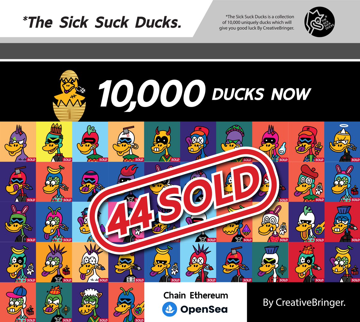 creativebringer's tweet image. 🇹🇭10,000 Ducks Now   🇹🇭
🍀Thanks For All Support🍀
🐣The Sick Suck Ducks🐤
Normal(90%) 0.01 ETH
Rare(6%) 0.05 ETH
Double Rare(2%) 0.1 ETH
Super Rare(1%) 0.5 ETH
Altimate Rare(1%) 1 ETH
opensea.io/collection/the…
😍😍😍😍😍😍😍😍😍😍😍😍😍😍
🐥🐥🐥🐥🐥🐥🐥🐥🐥🐥🐥🐥🐥🐥