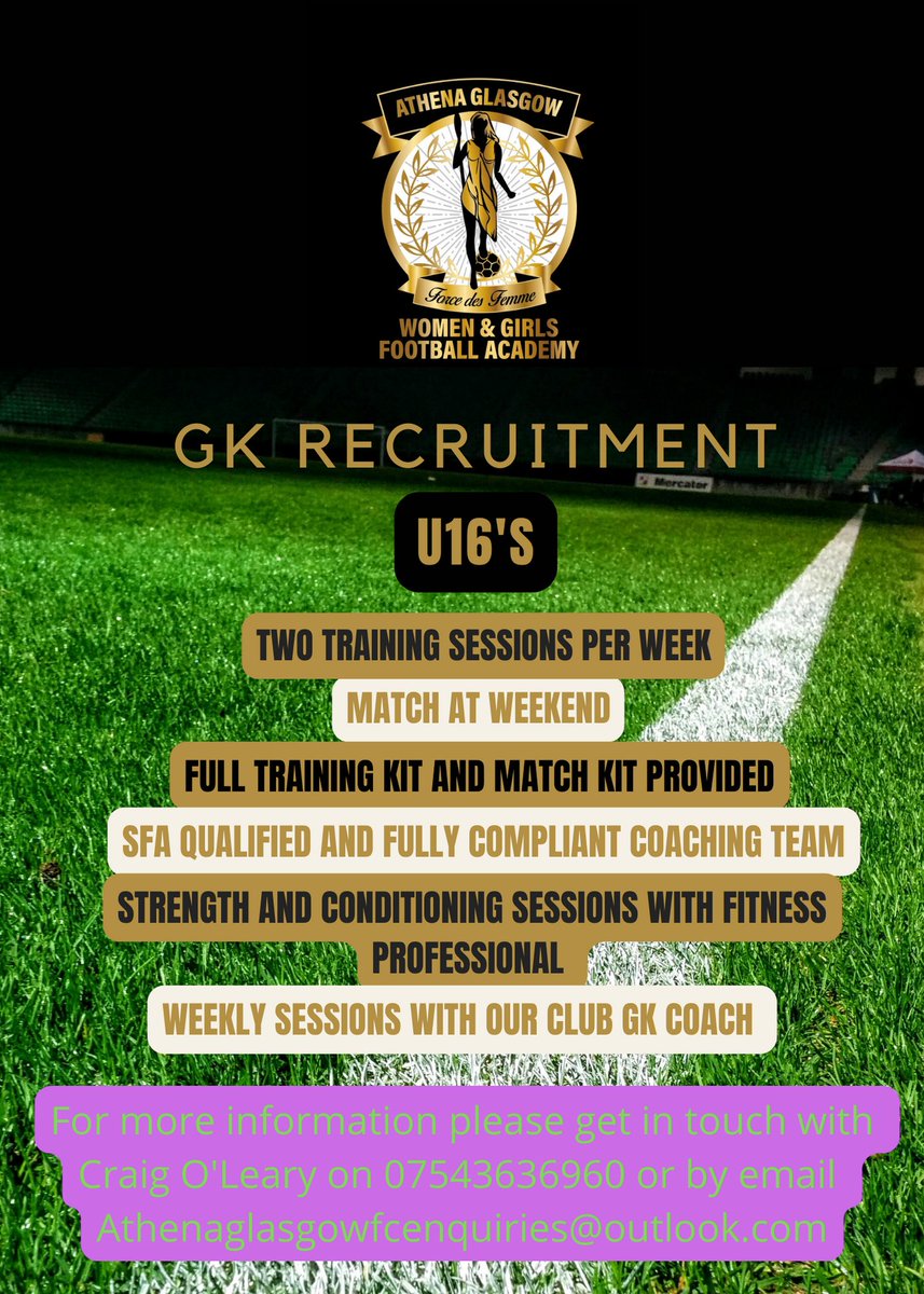 U16s GK Recruitment

Training on Tuesday and Thursday at Springburn Park and will be coached weekly by our Club GK Coach.

Games on Saturdays
🥅🧤⚽

If interested please get in touch 

💜💚⚽🖤💛

📞07543636960