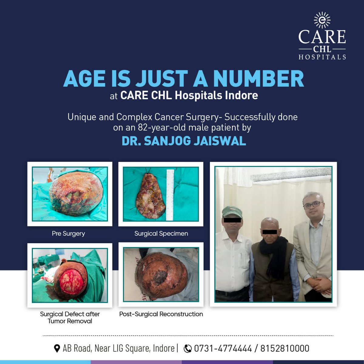 We are so happy to share that our esteemed Dr. Sanjog Jaiswal (Consultant Surgical Oncologist, Oncoplastic & Reconstructive Breast Surgeon) successfully performed a complex cancer surgery on an 82-year-old male patient with Rare Scalp Cancer.

#carechlhospitals #carehospitals