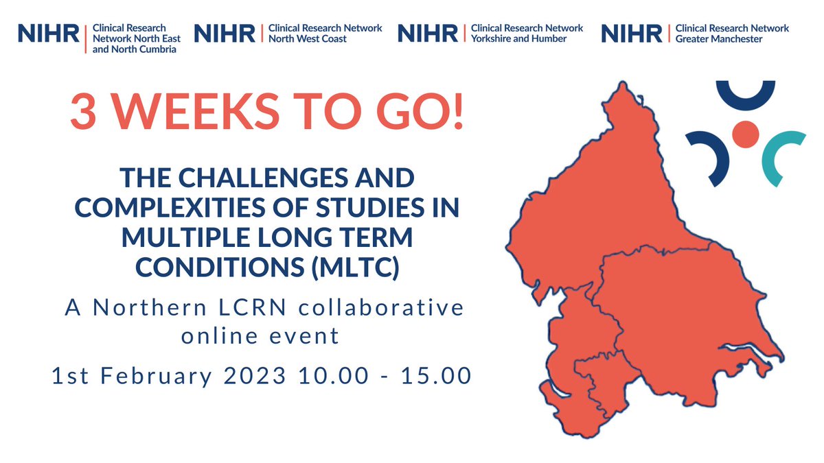 NIHRrdn's tweet photo. The countdown has begun!! 3 weeks to go until our Northern LCRN collaborative online event. The Challenges and Complexities of Studies in Multiple Long Term Conditions. Secure your place here: https://t.co/7wg40E9WpO https://t.co/HFQAB4ScC3