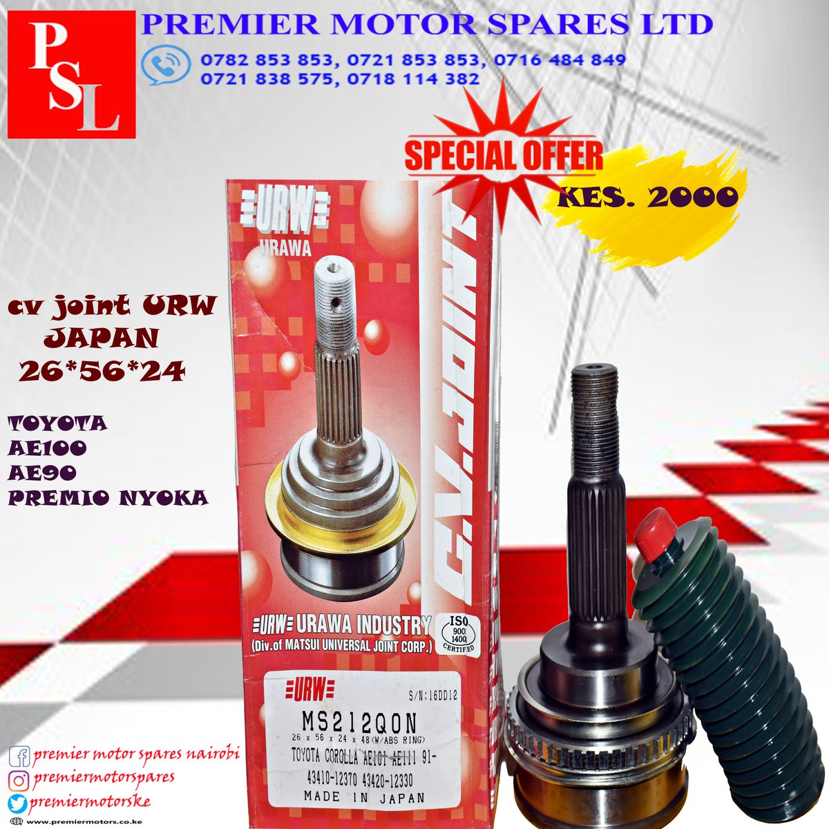 premiermotorske's tweet photo. SPECIAL OFFER!!
CV Joint Toyota AE90, AE100, Premio Nyoka JAPAN on offer, each selling at 2000.
#premiermotorspares  #cvjoint 
#SafaricomExposed  #AndrewKibe #ChatGPT https://t.co/xzcoYYkdlg