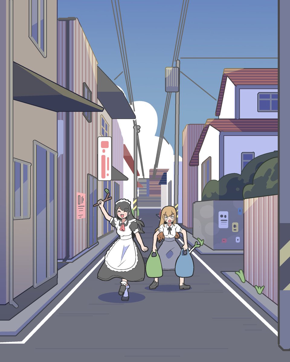 multiple girls 2girls maid outdoors road maid headdress spring onion  illustration images