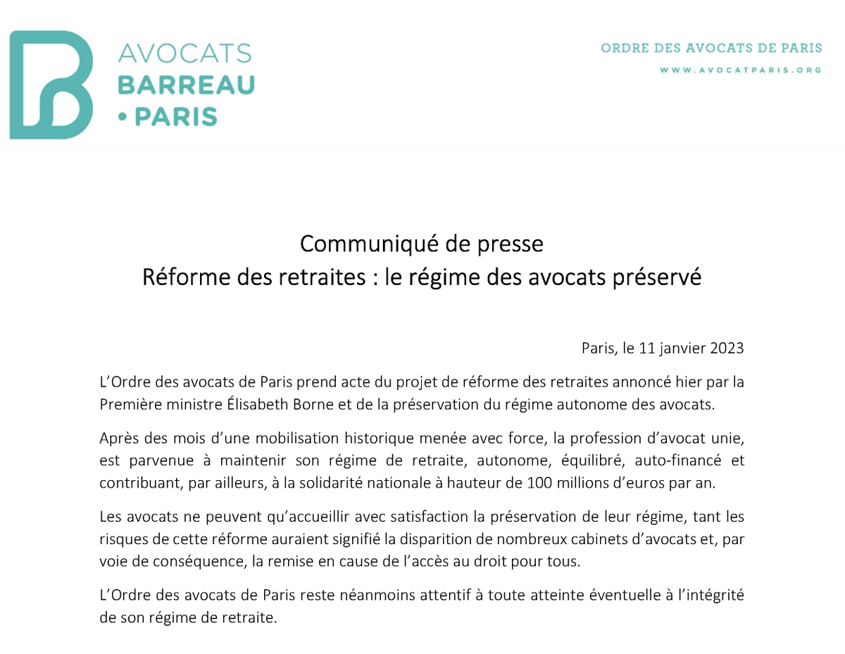 #ReformeDesRetraites : Après des mois d’une mobilisation historique, la profession d’#avocat unie est parvenue à maintenir et préserver son régime de retraite, autonome, équilibré, auto-financé.

Le #barreaudeParis accueille cette annonce avec satisfaction.