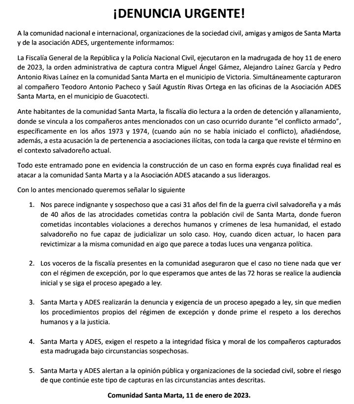 <a href="/arpassv/">Red Informativa de Arpas</a> #Actualidad |🔴La comunidad Santa Marta informa que los arrestados son Miguel Gámez, Alejandro García, Pedro Rivas, Teodoro Pacheco y Saúl Ortega. En un comunicado se detalla que son acusados de un caso ocurrido durante "el conflicto armado" y del delito de asociaciones ilícitas.