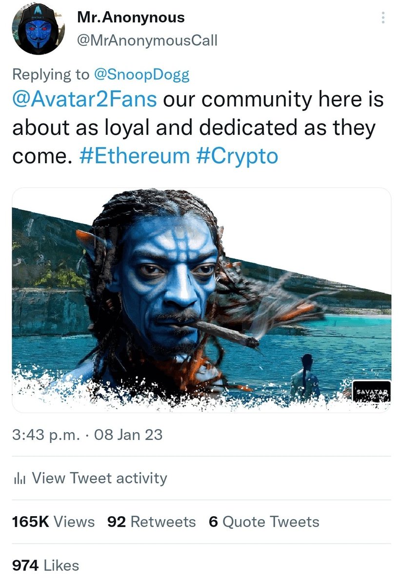 MrAnonymousCall's tweet photo. @1goonrich Recognize a legendary community when you see one! @Avatar2Fans $AVATAR #memecoins the best organic shillers in the space! https://t.co/24IQMfq4VU