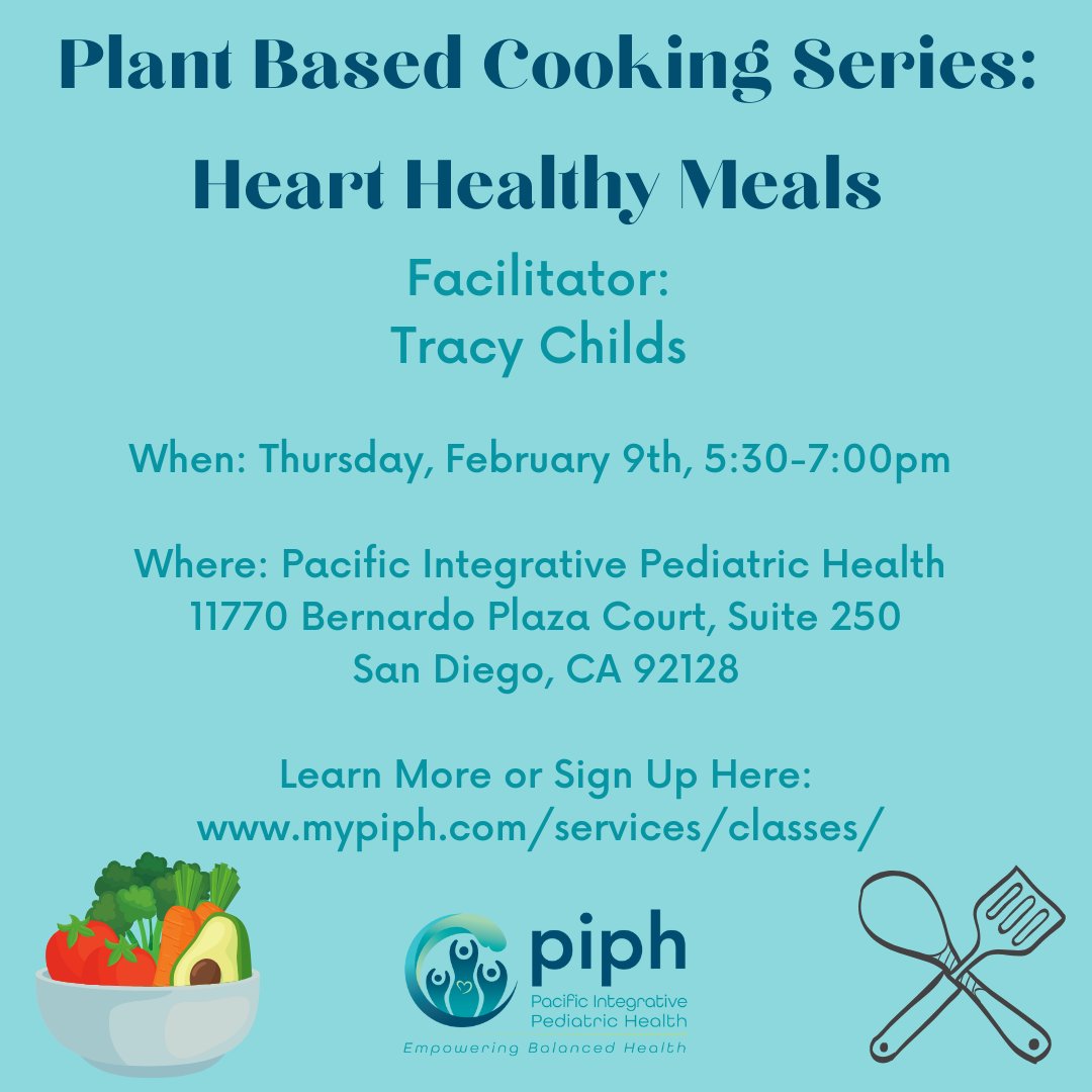 myPIPH's tweet photo. TOMORROW! Part 1 of the #PlantBased #Cooking Series with Tracy Childs!

Join us and Tracy Childs at 5:30pm tomorrow at our Rancho Bernardo location and learn #HeartHealthyMeals

Register here: https://t.co/cVmlArwd3X https://t.co/D6WstCw0pI