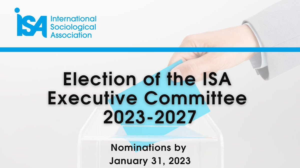 ISA (@isa_sociology) on Twitter photo 🗳️ The Executive Committee shall be elected at the next ISA World Congress #ISAWCS23 #Melbourne. The Call for Nominations is open until January 31st, 2023.
🔎 All the information here: isa-sociology.org/en/about-isa/e…
➡️Please share among all RC's members <a href="/SociologyW/">RC30_Sociology of Work_ISA</a> <a href="/RC31_ISA/">RC31 (ISA)</a> <a href="/rc34youth/">RC34 Youth ISA</a> 🗳️ The Executive Committee shall be elected at the next ISA World Congress #ISAWCS23 #Melbourne. The Call for Nominations is open until January 31st, 2023.
🔎 All the information here: isa-sociology.org/en/about-isa/e…
➡️Please share among all RC's members <a href="/SociologyW/">RC30_Sociology of Work_ISA</a> <a href="/RC31_ISA/">RC31 (ISA)</a> <a href="/rc34youth/">RC34 Youth ISA</a>