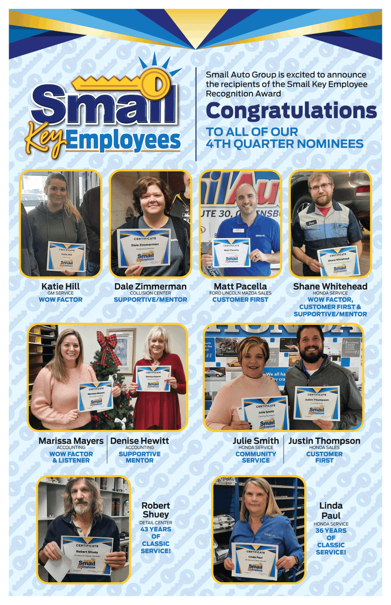 SmailAutoGroup's tweet image. We are excited to announce this quarter's Smail Key Employee Award Winners!!🔑🏆
smailauto.com/blog/smail-key…