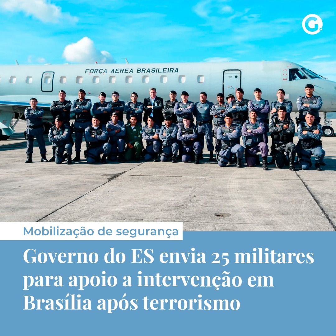 AGazetaES's tweet photo. 🚨 O governo do Espírito Santo enviou 25 policiais militares do ES para apoiar a intervenção federal da segurança pública em Brasília dias após atos de terrorismo que terminaram em desordem nas ruas e invasão aos prédios dos três poderes... https://t.co/xAPYprZhG9