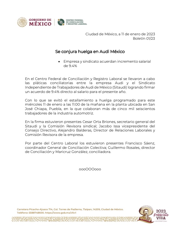 Se conjura huelga en <a href="/AudideMexico/">Audi de México</a> y el Sindicato Independiente de Trabajadores de Audi de México (Sitaudi), llegan a un acuerdo salarial de 9.4%, evitando el estallamiento a huelga programado para este miércoles 11 de enero. #CentroLaboral

👉 gob.mx/cfcrl/prensa/s…