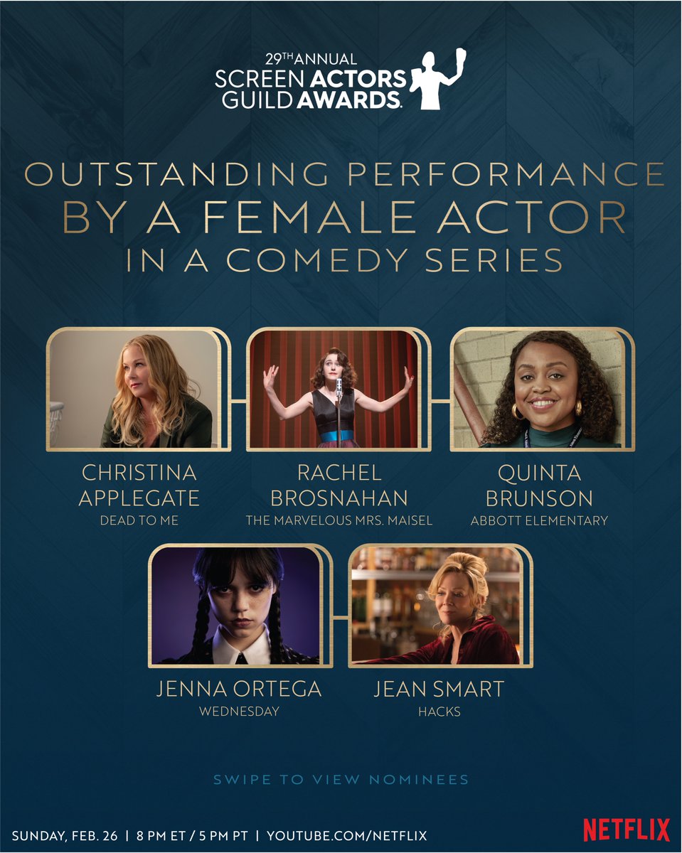 theactorawards's tweet photo. Now presenting: Female Actor in a Comedy Series nomineess ✨ give it up for the incredible @1capplegate, Rachel Brosnahan, @quintabrunson, @JennaOrtega and Jean Smart! #sagawards https://t.co/NA3EqNck2Q