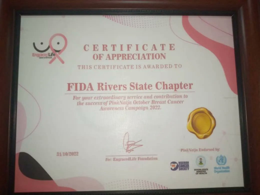 FidaRiversState's tweet photo. The year began for FIDA Nigeria, Rivers State Branch with the receipt of a Certificate of Appreciation  by the Engraced Life Foundation. 

Congratulations to FIDA #Nigeria, Rivers State Branch for her  relentless services in #protecting the rights of  #Women and #Children. https://t.co/5IRNUYqLtG