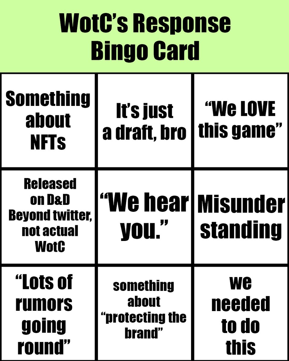 I made a <a href="/Wizards/">Wizards of the Coast</a> D&amp;D drama response bingo card. Place your bets on how they'll try and spin it! #OpenDnD