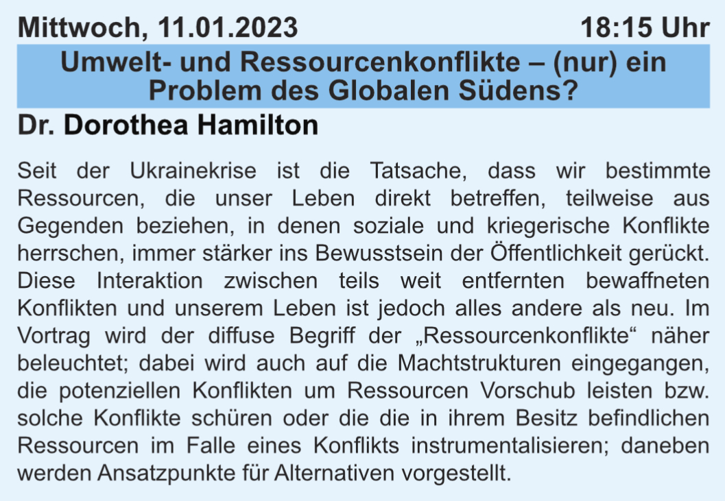 Gleich, um 18:15 Uhr, hält Dr. Dorothea Hamilton von der <a href="/jlugiessen/">Universität Gießen</a> einen FGG-Vortrag zum Thema "Umwelt- und Ressourcenkonflikte - (nur) ein Problem des Globalen Südens?" 🌎🌍🌏 Wir freuen uns über zahlreiche Zuhörer*innen!
