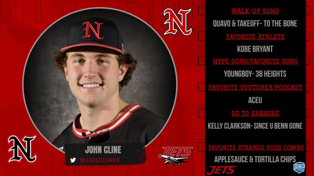 Northern Oklahoma College Jets Baseball (@nocenidjets) on Twitter photo GET TO KNOW ✈️⚾️‼️
2️⃣4️⃣ DAYS UNTIL OPENING DAY‼️
🔦TODAY’S PLAYER SPOTLIGHT🔦
#12 John “Jack” Cline (<a href="/jackcline0/">Jack Cline</a>)
Position: RHP
Hometown: Little Rock, AR
Major: Business Administration
✈️⚾️‼️ GET TO KNOW ✈️⚾️‼️
2️⃣4️⃣ DAYS UNTIL OPENING DAY‼️
🔦TODAY’S PLAYER SPOTLIGHT🔦
#12 John “Jack” Cline (<a href="/jackcline0/">Jack Cline</a>)
Position: RHP
Hometown: Little Rock, AR
Major: Business Administration
✈️⚾️‼️