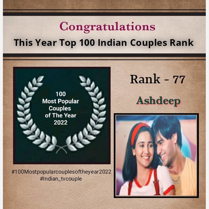 Congratulations 🎉❣️😍 

Rank - 77 ⭐ 

❣️ Ashdeep ❣️

100 MOST POPULAR COUPLES OF THE YEAR 2022  

#100mostpopularcouplesoftheyear2022 
#indian_tvcouple 

#ashdeep #ashdeepians   #Samaina  #yudkbh #yehundinokibaathai #randeeprai #AshiSingh  

@irandeeprai  <a href="/Ashisinghh/">Ashi Singh</a>