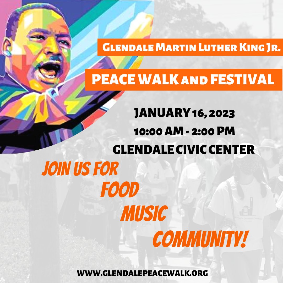 VENUE CHANGE TO First Baptist Church of Glendale, 209 N Louise St. (Corner of Wilson and Louise), due to high probability of rain Monday. Rally begins @ 10:30. Congressman Adam Schiff will speak about Martin Luther King Jr. and his legacy. Details here: glendalepeacewalk.wordpress.com