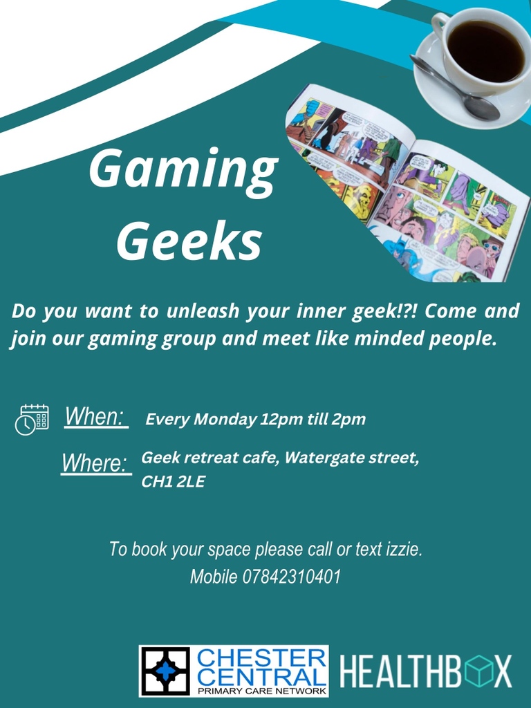 Why not join our Gaming Group at the Geek Retreat Cafe in Watergate Street, Chester? Text or ring Izzie on 07842310401 to book your space #geekretreatchester #gaming #community #chestercentralpcn