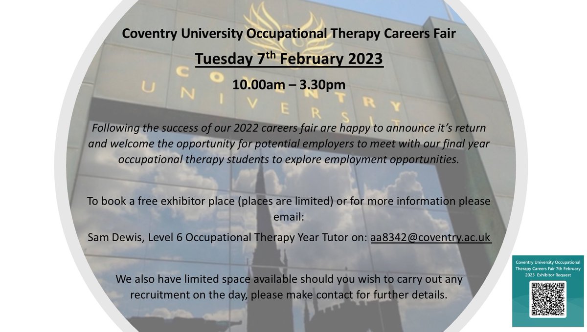 It’s time to prepare for our next Occupational Therapy careers fair. Are you an employer that would like to join us on February 7th? If so please contact Sam <a href="/sam_dewis/">Sam Dewis</a> on the email below or use the QR code to book a space, spaces are limited so please don’t delay. <a href="/KimStuartOT/">Dr Kim Stuart 💙💙💙</a>